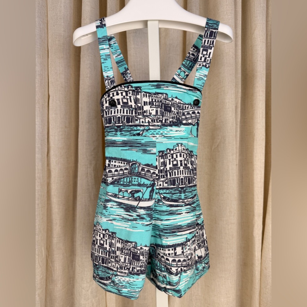 TEAM CHIPMUNK Girls' Teal Venetian Gondola Print Bib Shorts Romper 3T NWOT